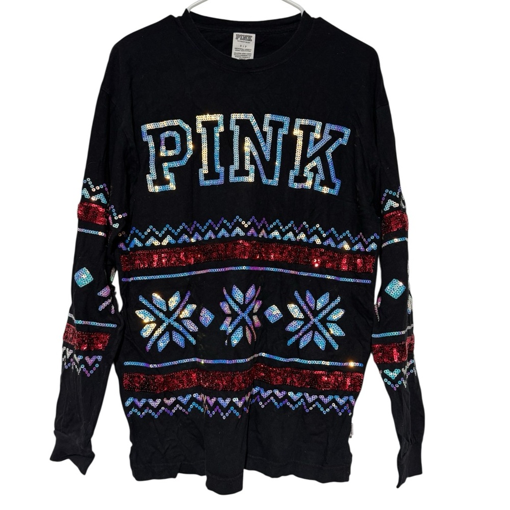 Pink VS Black Sequin Holiday Long Sleeve Tee Size S Oversized Christmas Festive